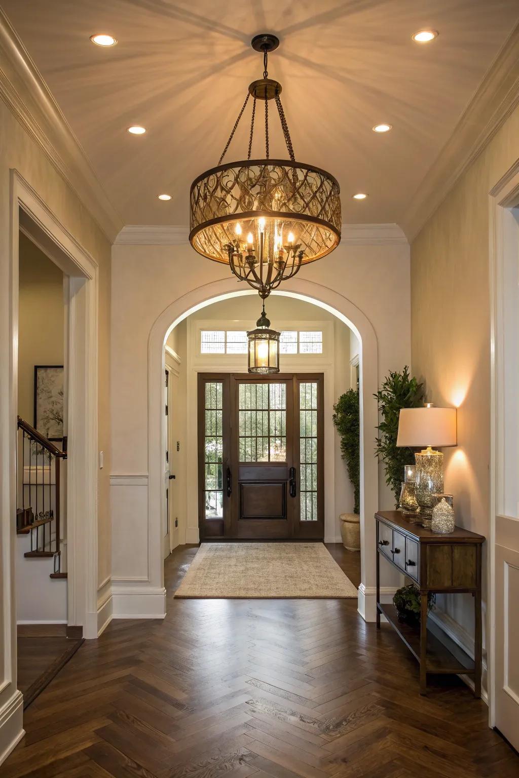 A statement lighting fixture enhances the ambiance of the entryway.