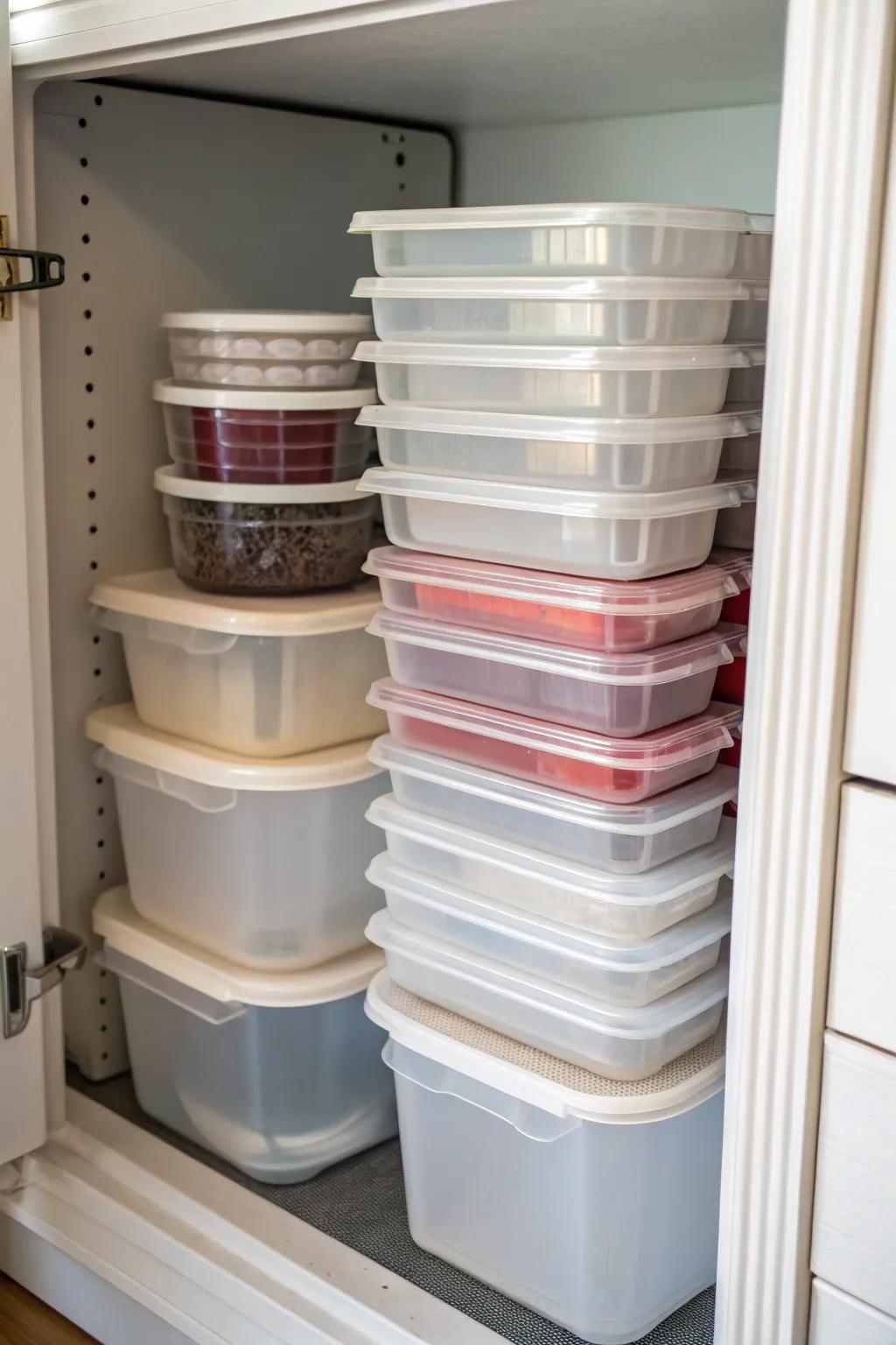 Nested plastic containers neatly stored in a cabinet.