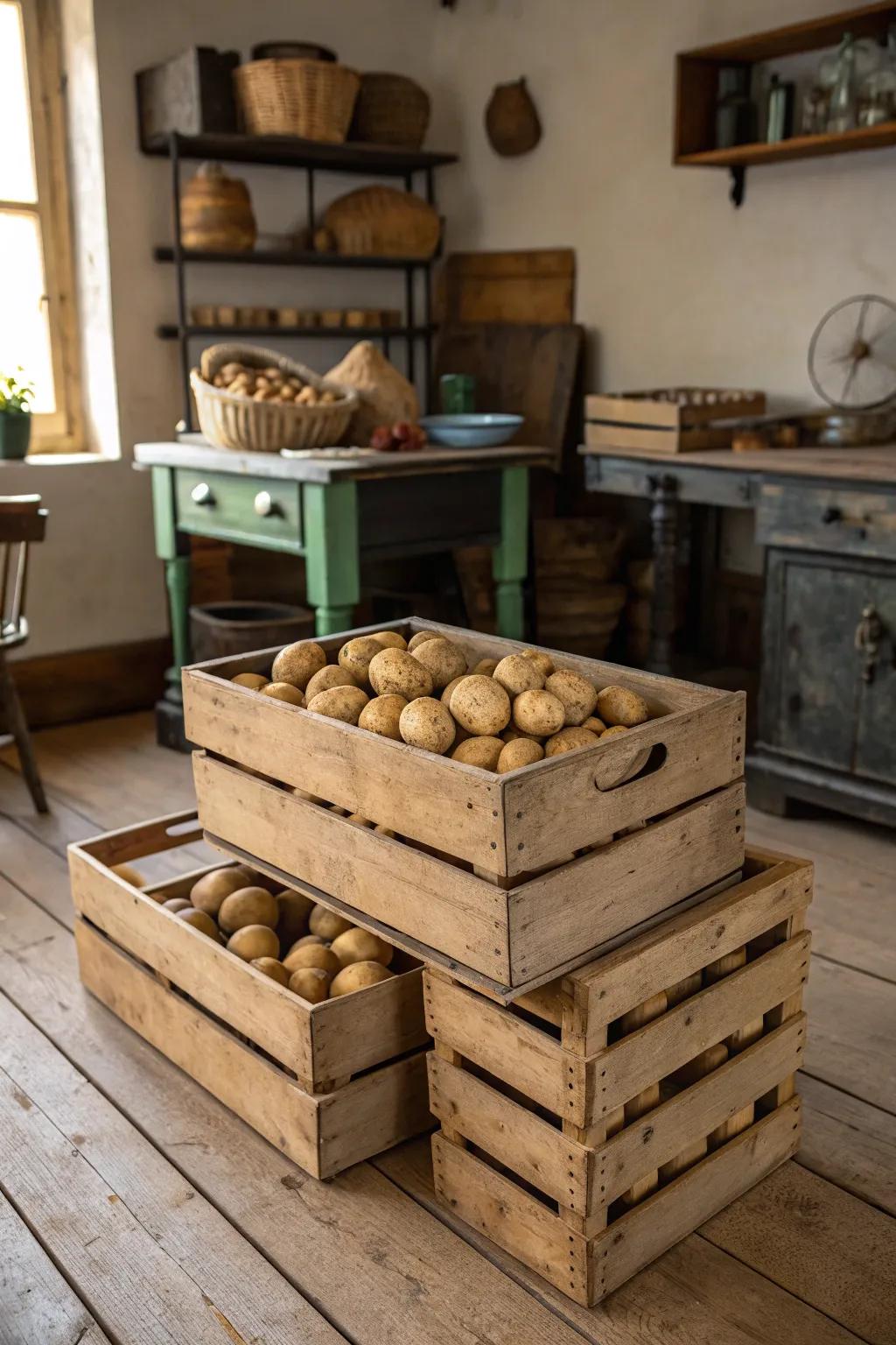 Farmhouse charm with stacked wooden crates for potato storage.