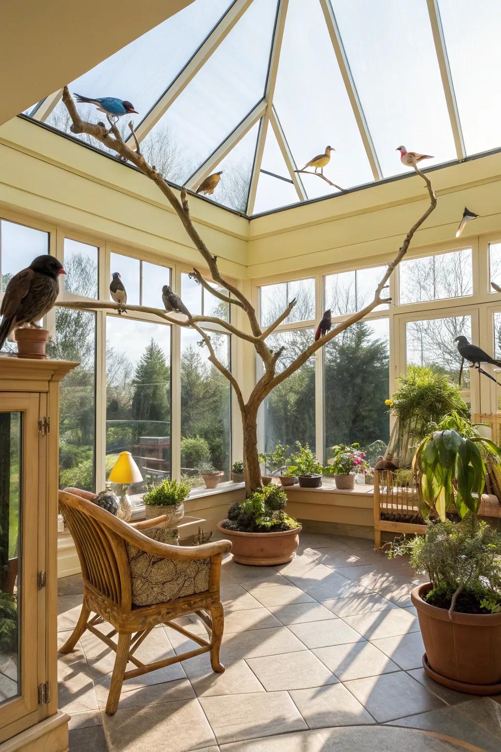 A sun-drenched aviary where birds bask in natural light.