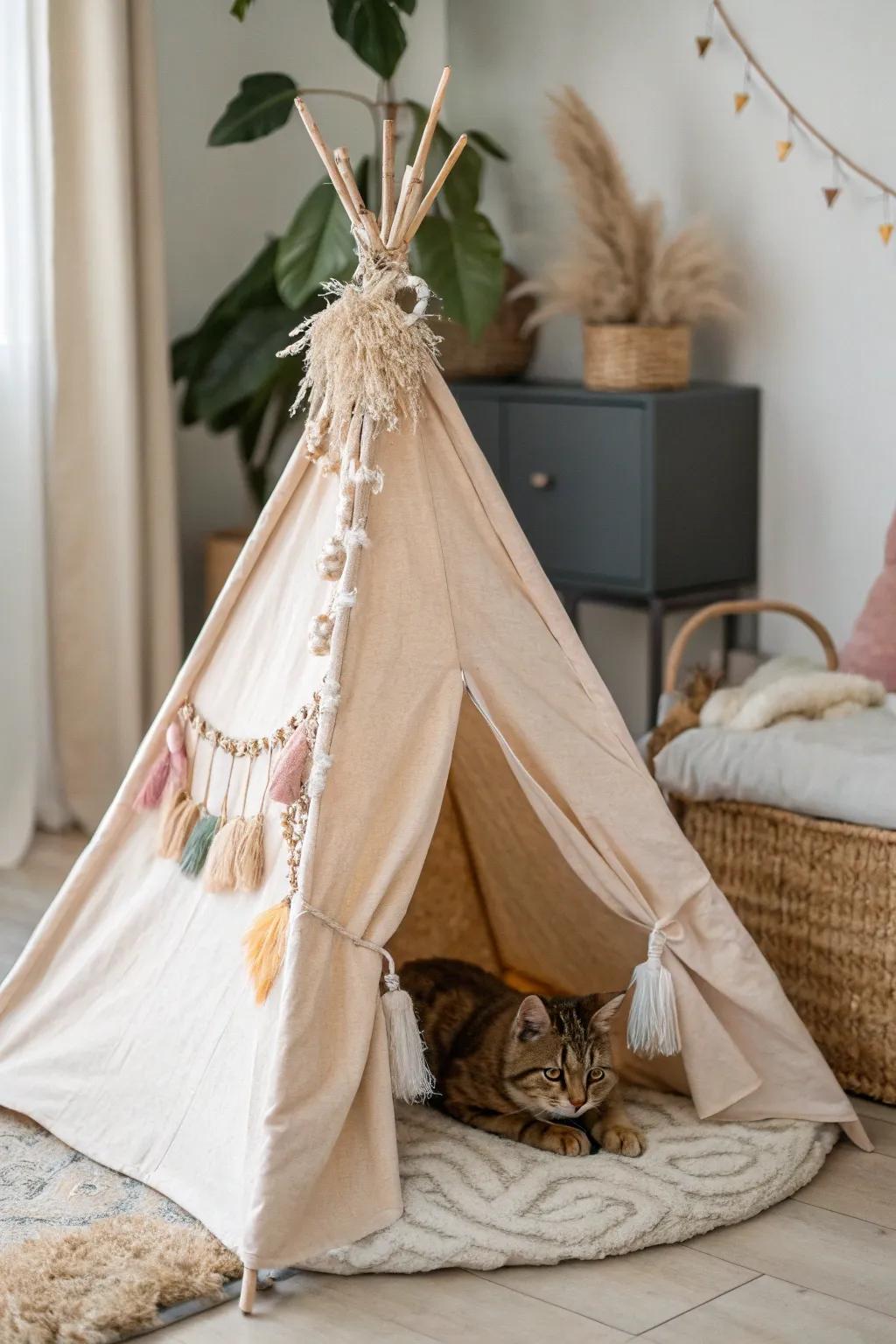 A teepee tent offering a snug retreat for your feline.