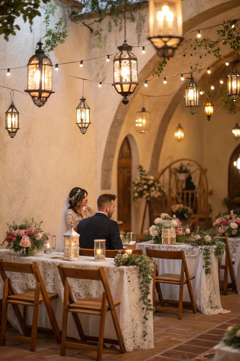 Vintage lanterns and bulbs adding rustic charm to the wedding.