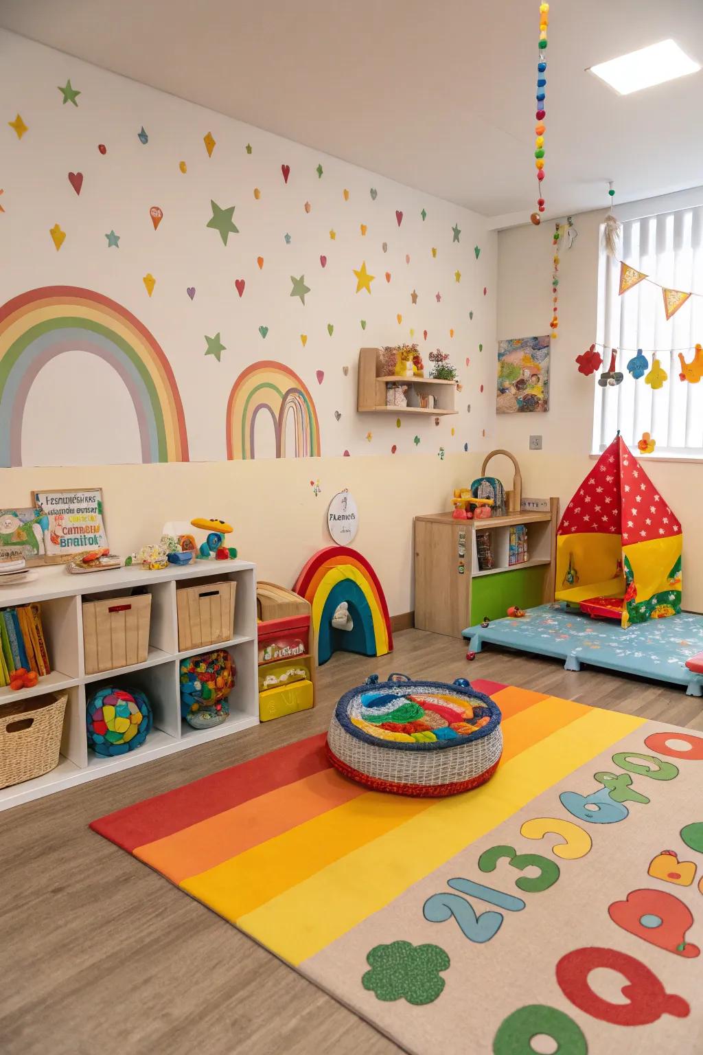 A vibrant rainbow-themed classroom that teaches color recognition.