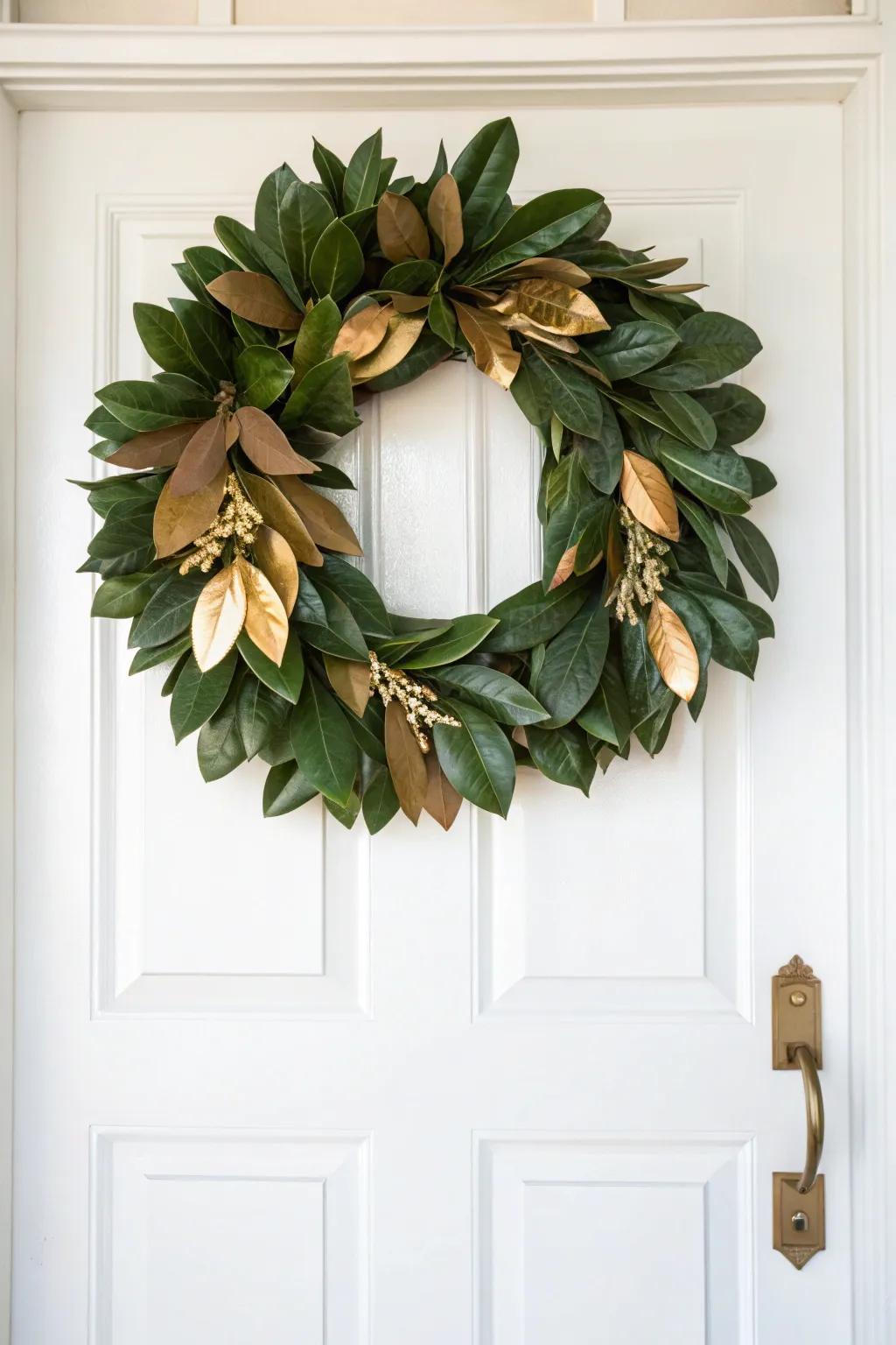 Gold-accented magnolia leaves add a touch of elegance to your wreath.