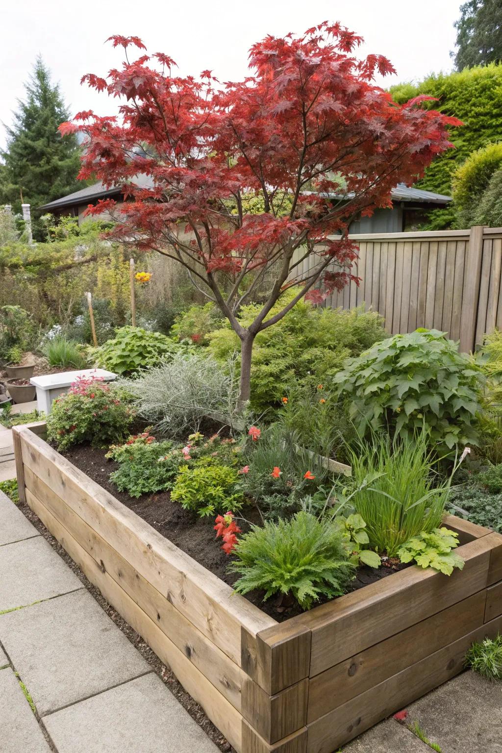 Elevating style with a Japanese maple in a raised bed.