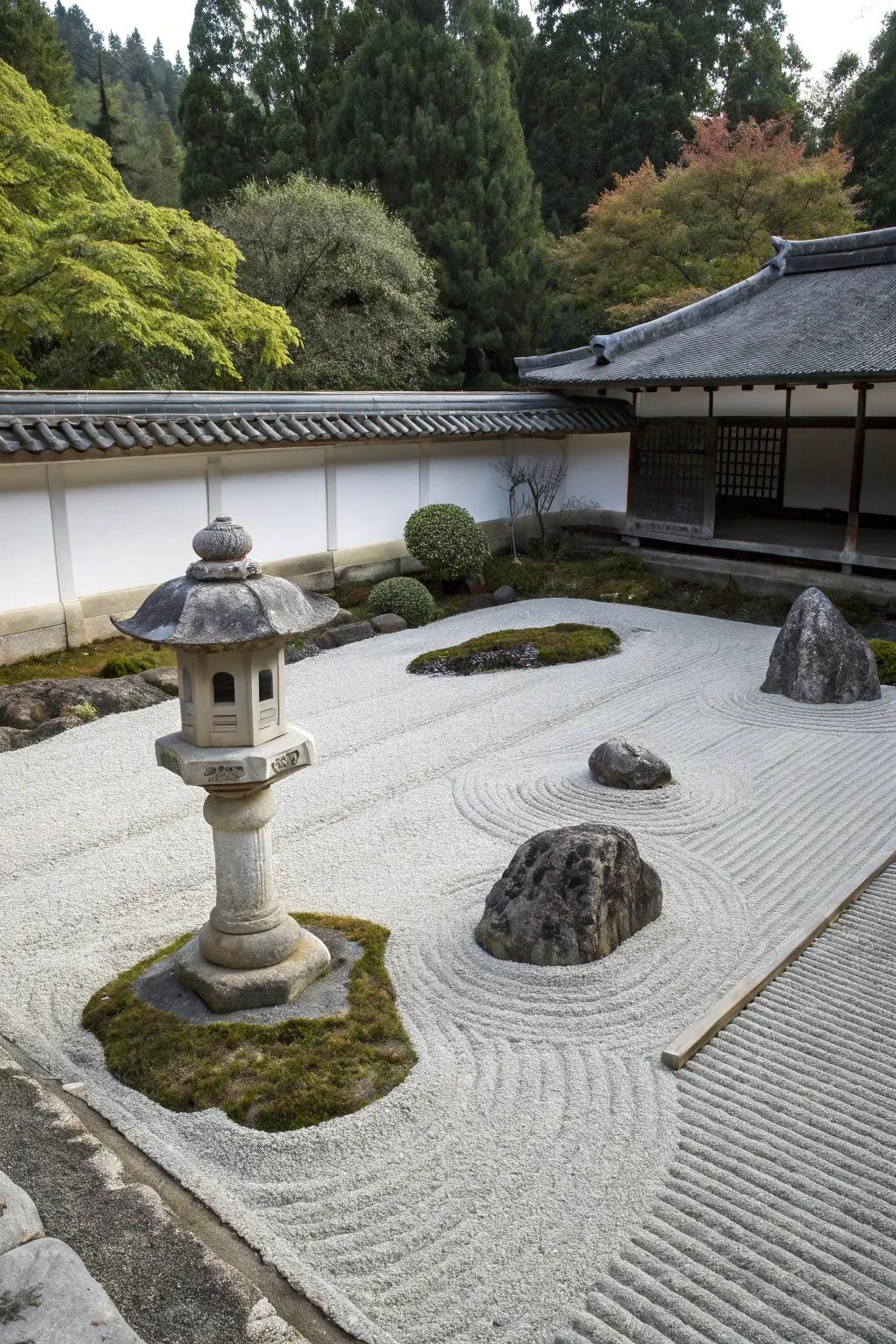 A Zen garden with raked gravel and minimalistic elements.