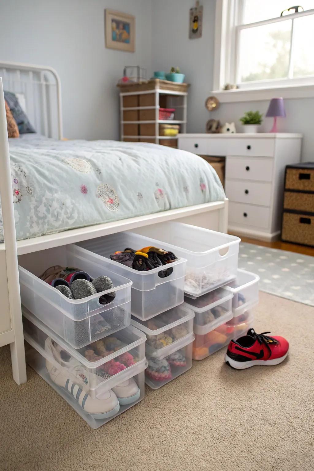 Keep shoes out of sight with under-bed storage.