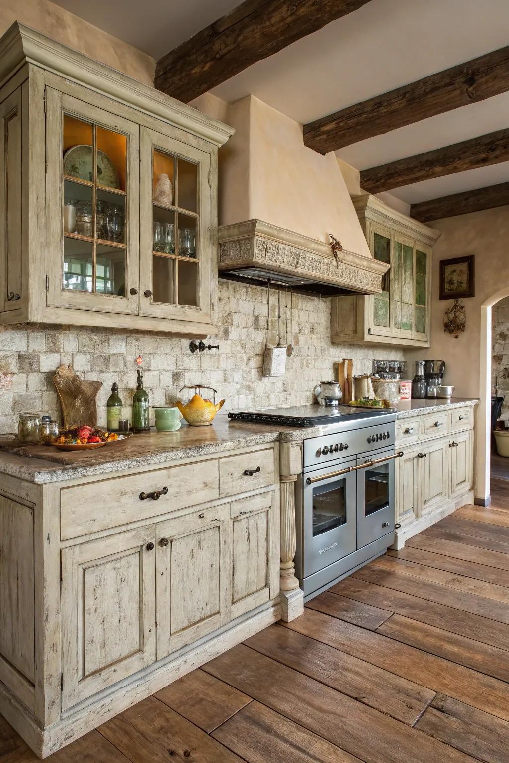 Distressed finishes infuse your kitchen with rustic charm and character.