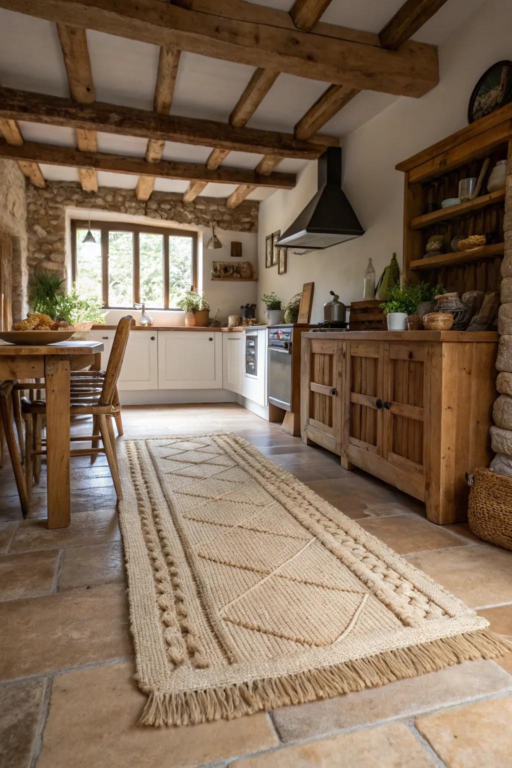 Natural fiber rugs add texture and a rustic charm to kitchens.