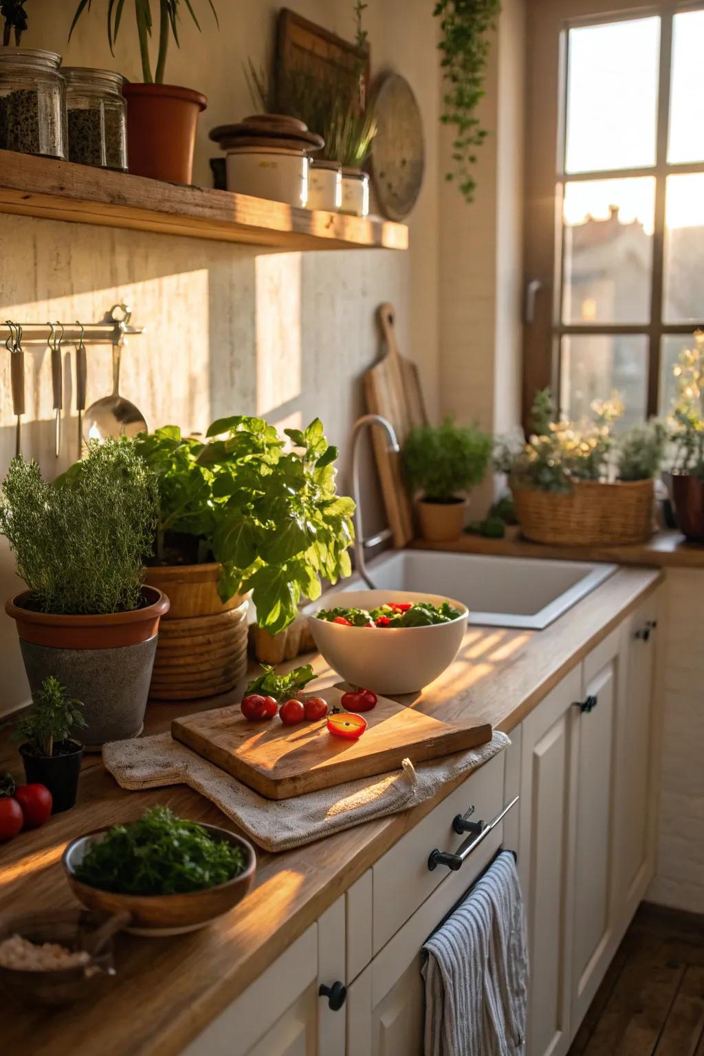 Natural elements like wood and plants create a cozy, inviting kitchen.