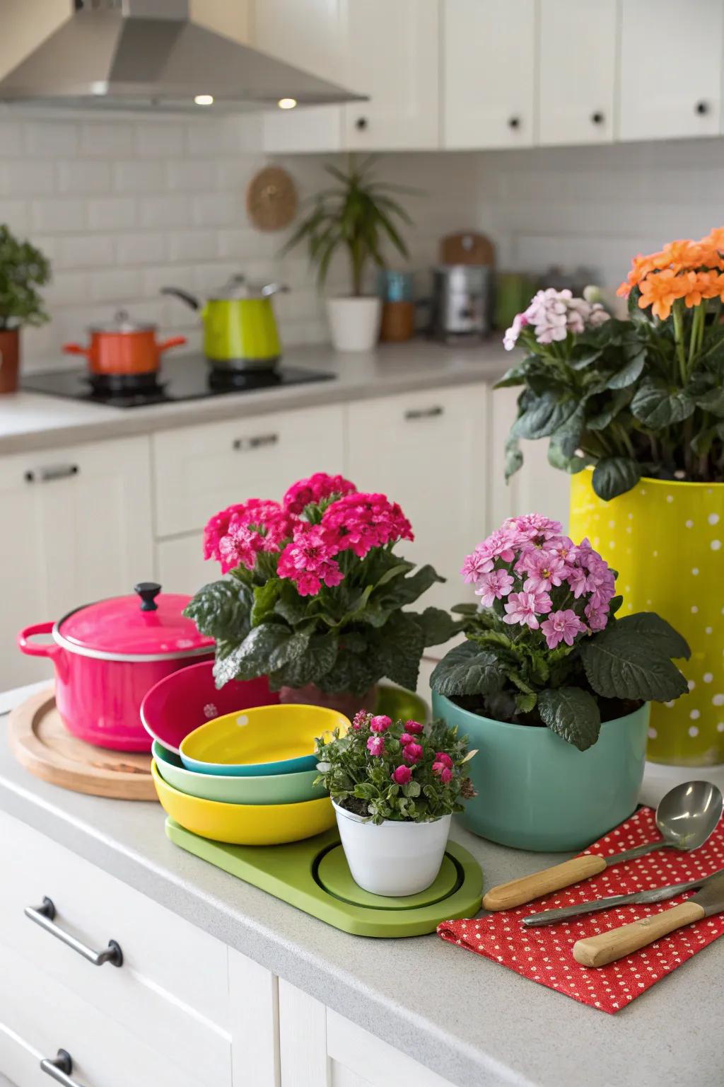 Create a vibrant countertop display with clustered plants.