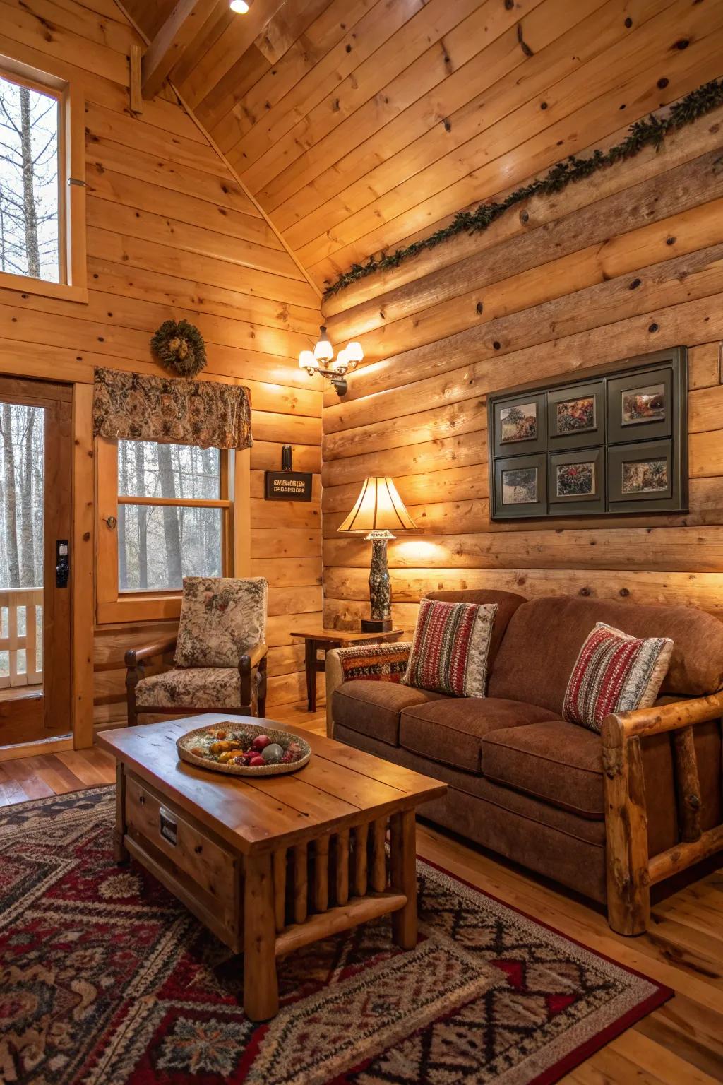Earthy color palette enhancing the warmth of knotty pine walls.