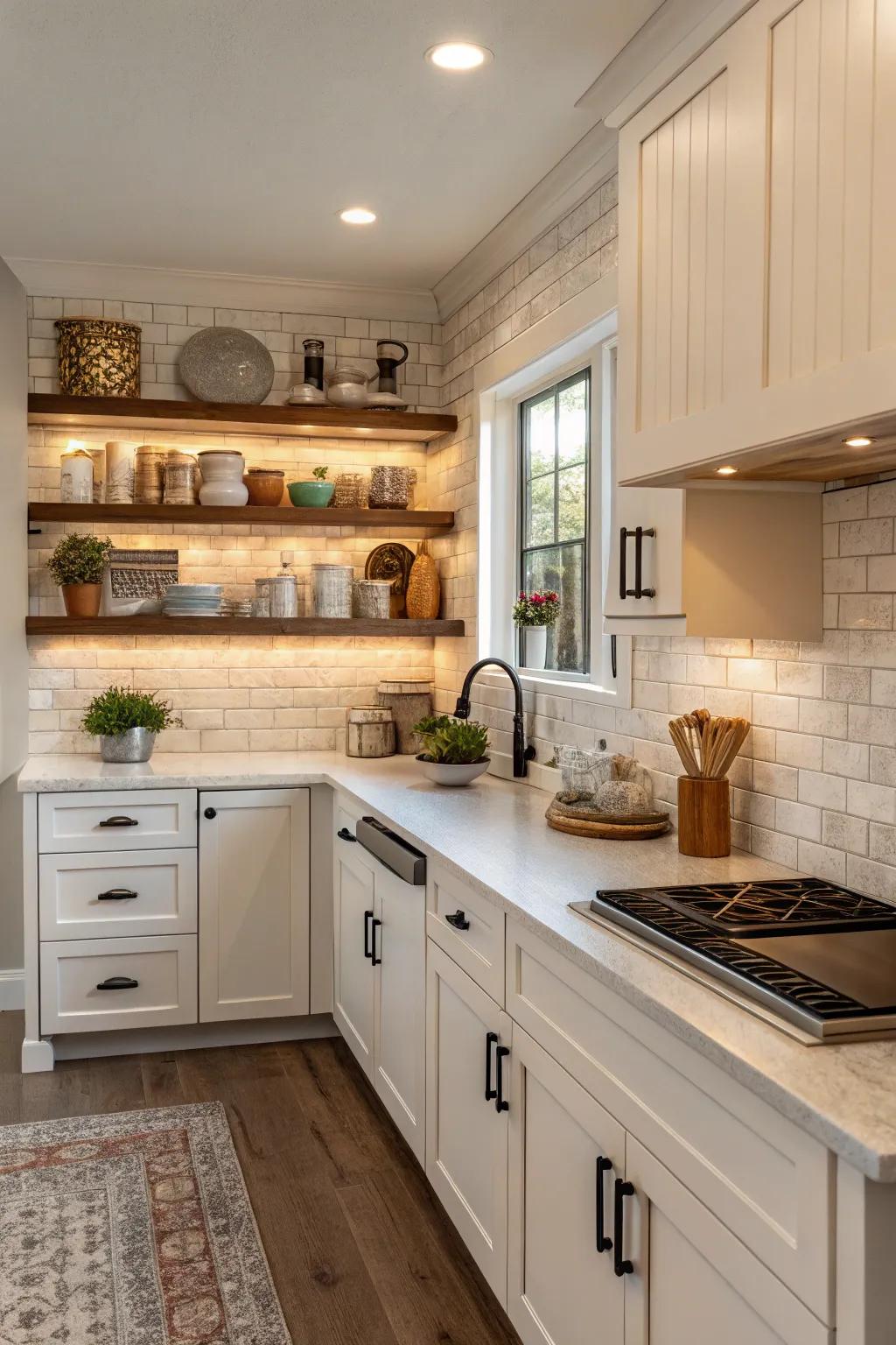 Functional laminate backsplash with built-in shelves.