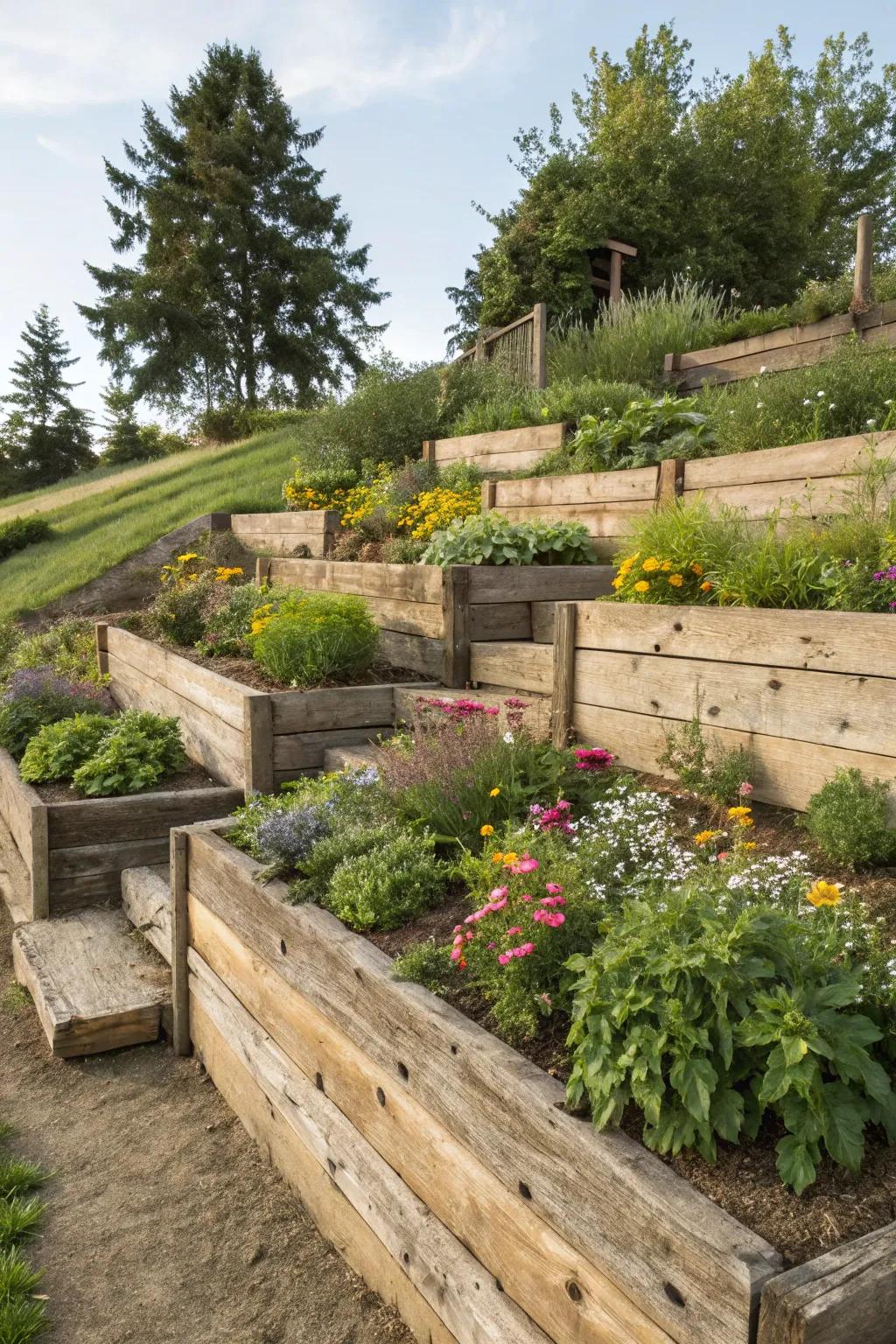 Retaining walls with landscape timbers manage slopes beautifully.