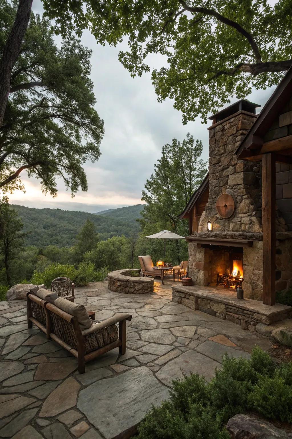 A welcoming outdoor living space with a fireplace.