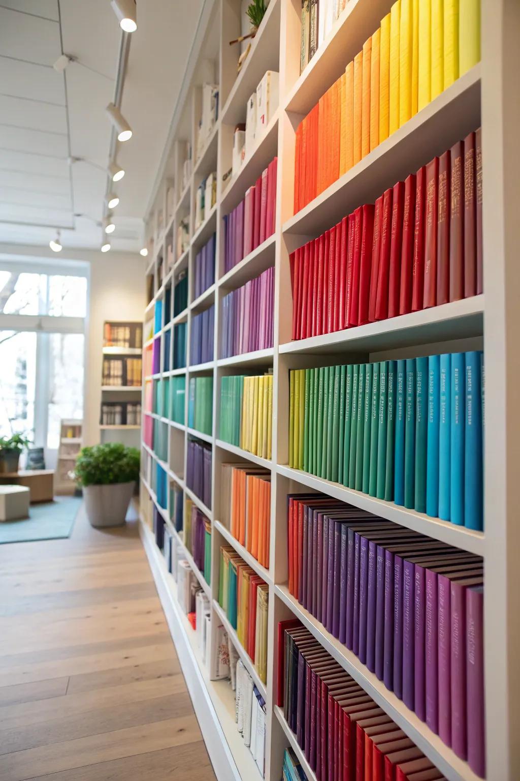 Color-coded books transform this bookshelf into a striking visual statement.