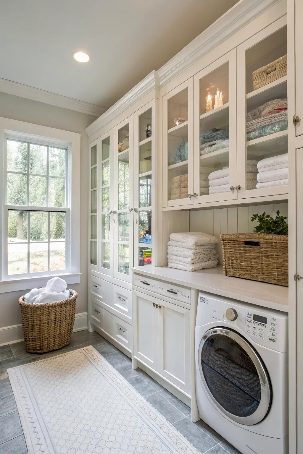 Glass-front cabinets enhance light and visibility in your laundry room.