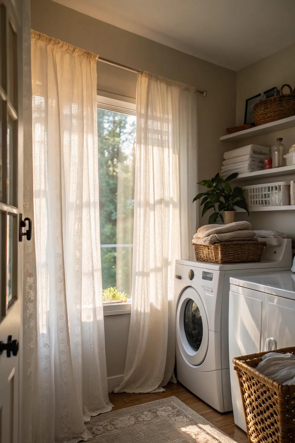 Sheer curtains create an airy and light-filled atmosphere.