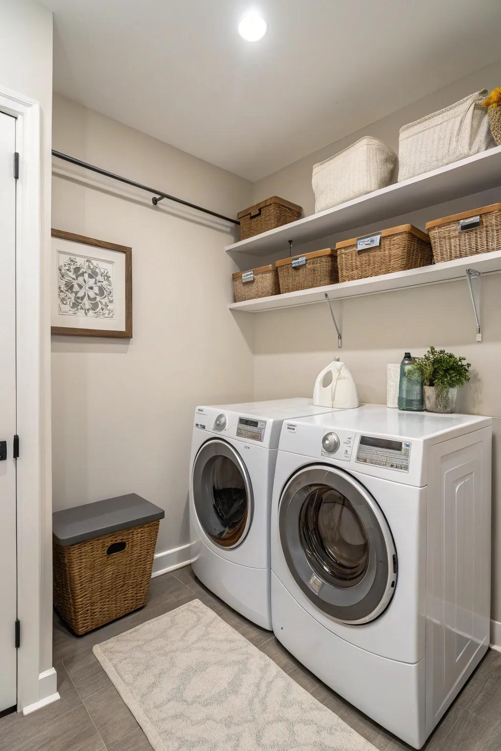 Neutral colors create a serene and inviting laundry space.