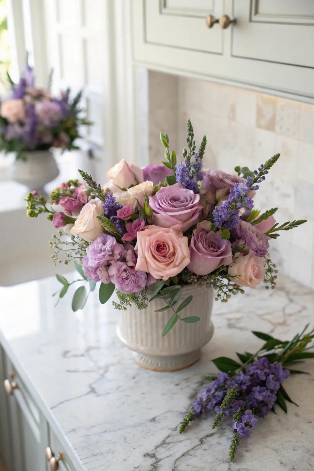 A romantic mix of lavender and roses.