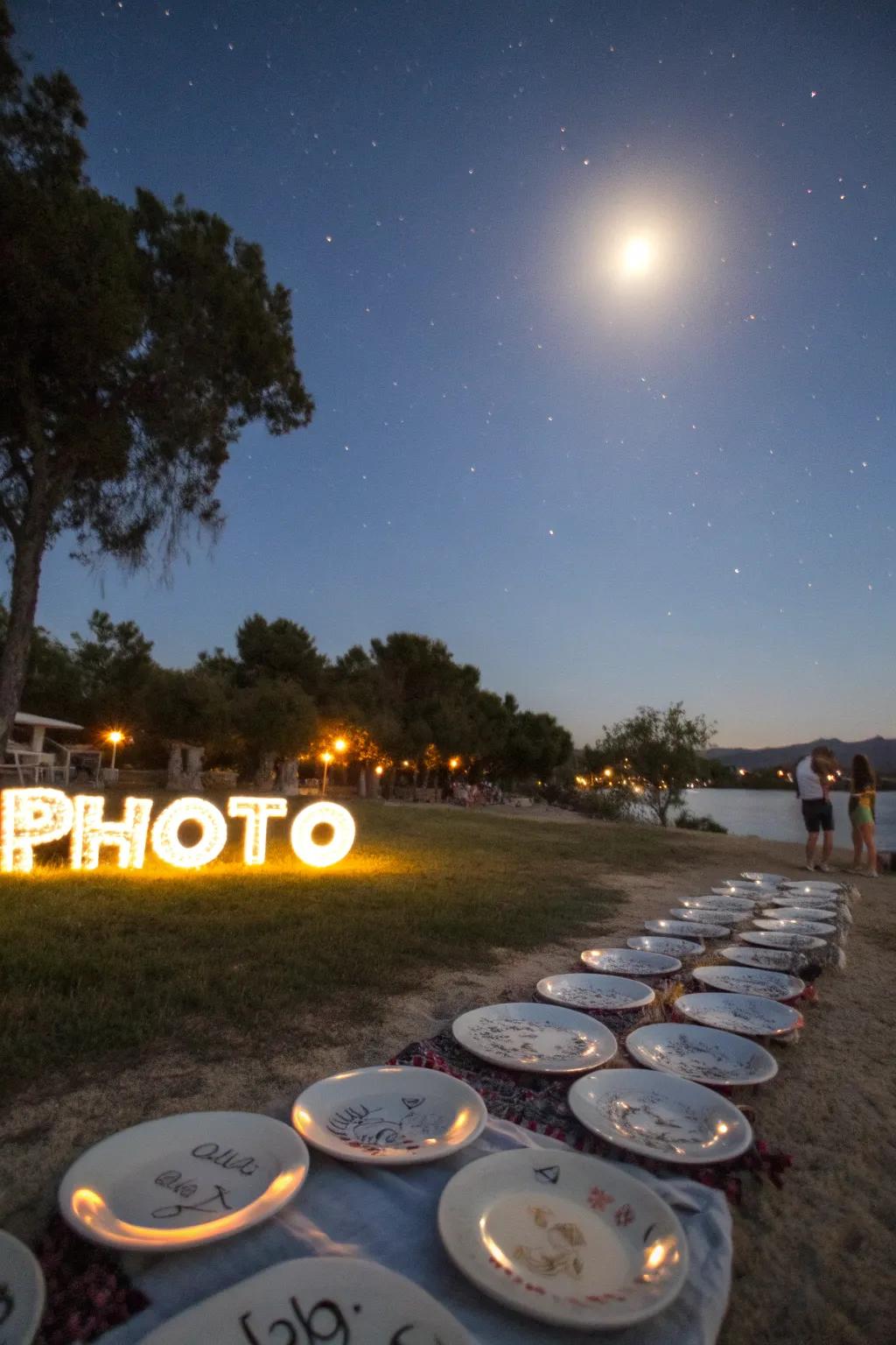 An outdoor ritual under the full moon, with plates filled with personal messages.