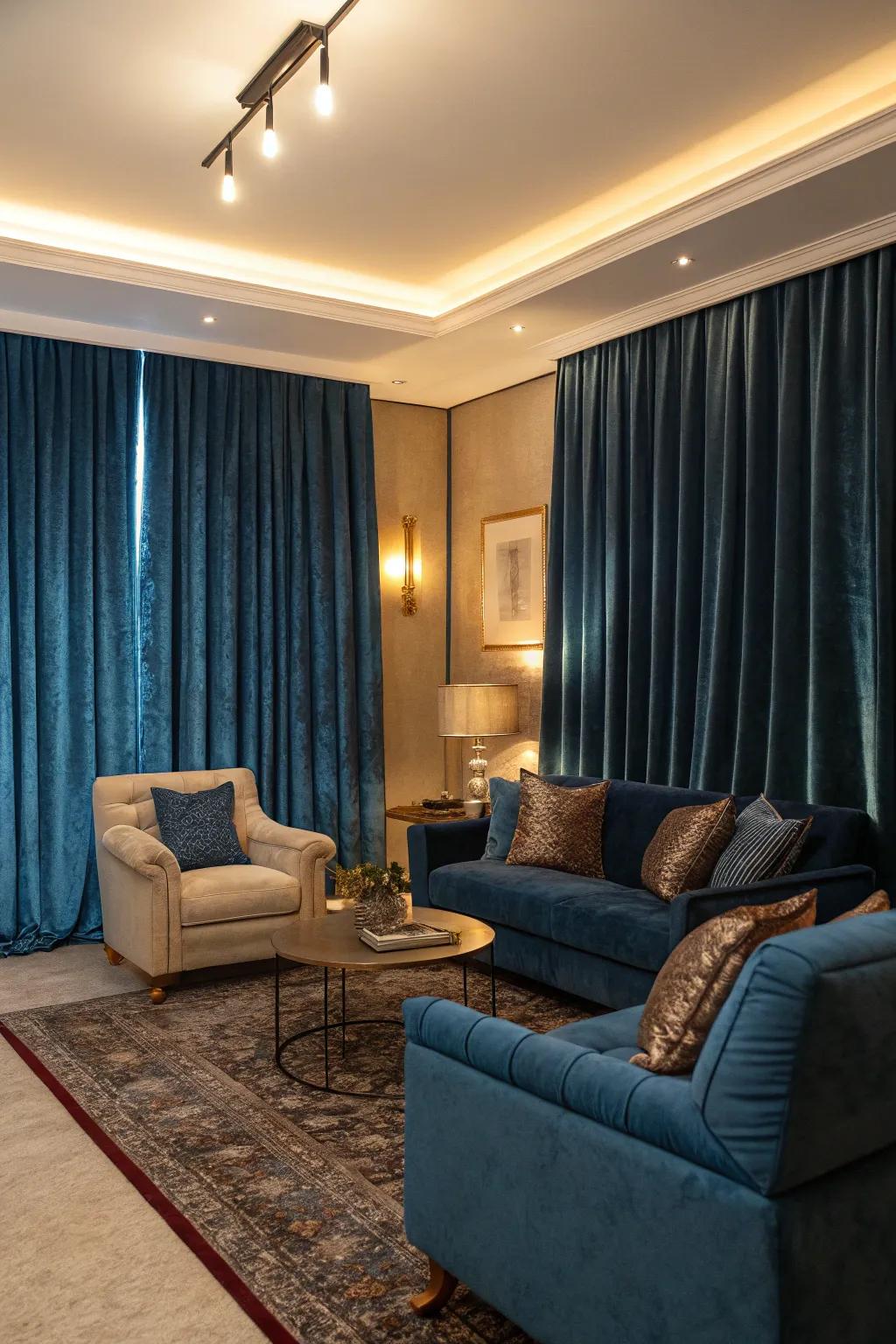 Luxurious textures like velvet enhance the elegance of blue curtains in this sophisticated living room.