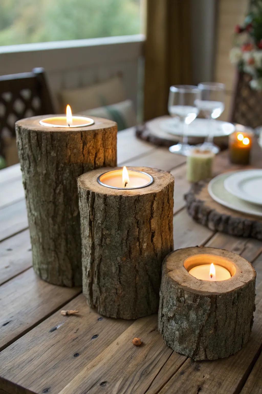 Log candle holders providing a warm glow.