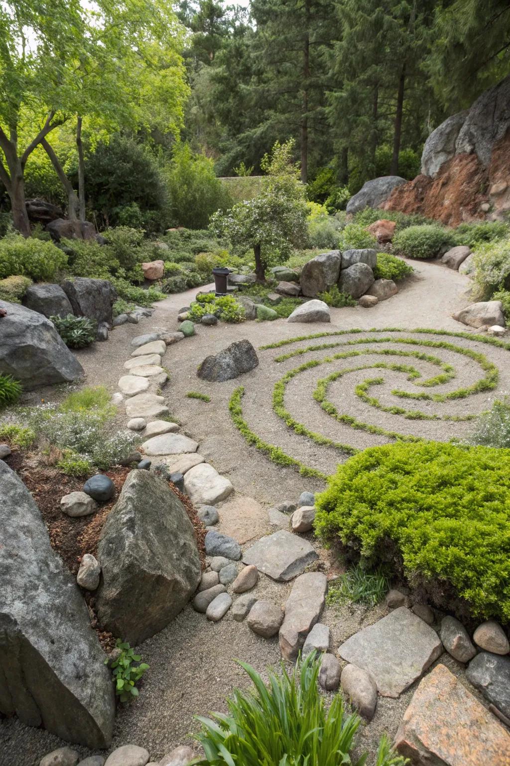 A creative spiral layout in a small rock garden.