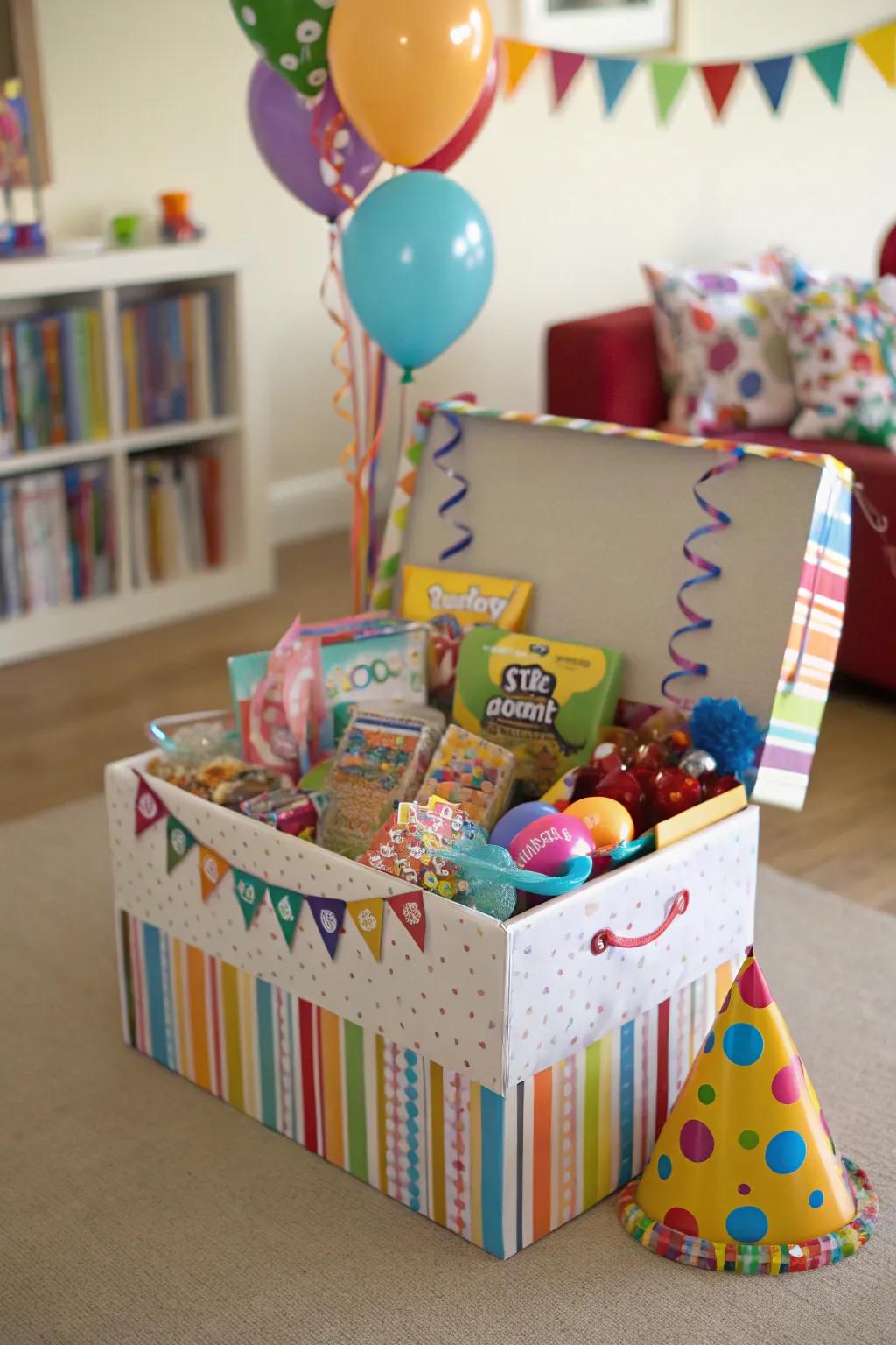 An inviting lucky dip box filled with fun surprises for party guests.