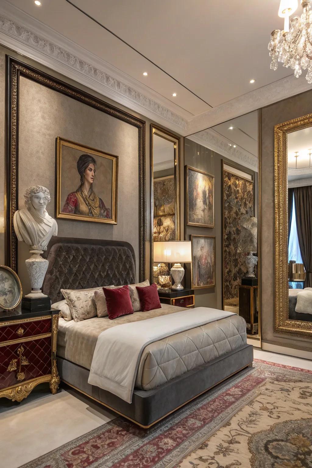 A luxurious bedroom enriched with decorative accents like artwork and sculptures.