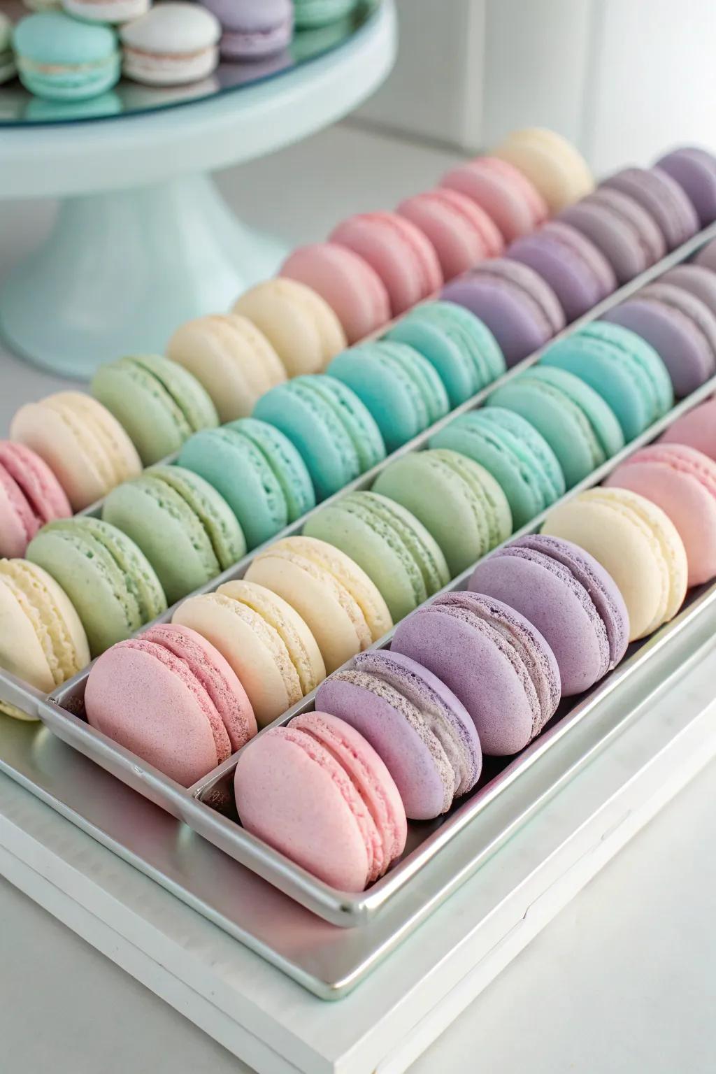 Color-coordinated macarons in pastel hues.