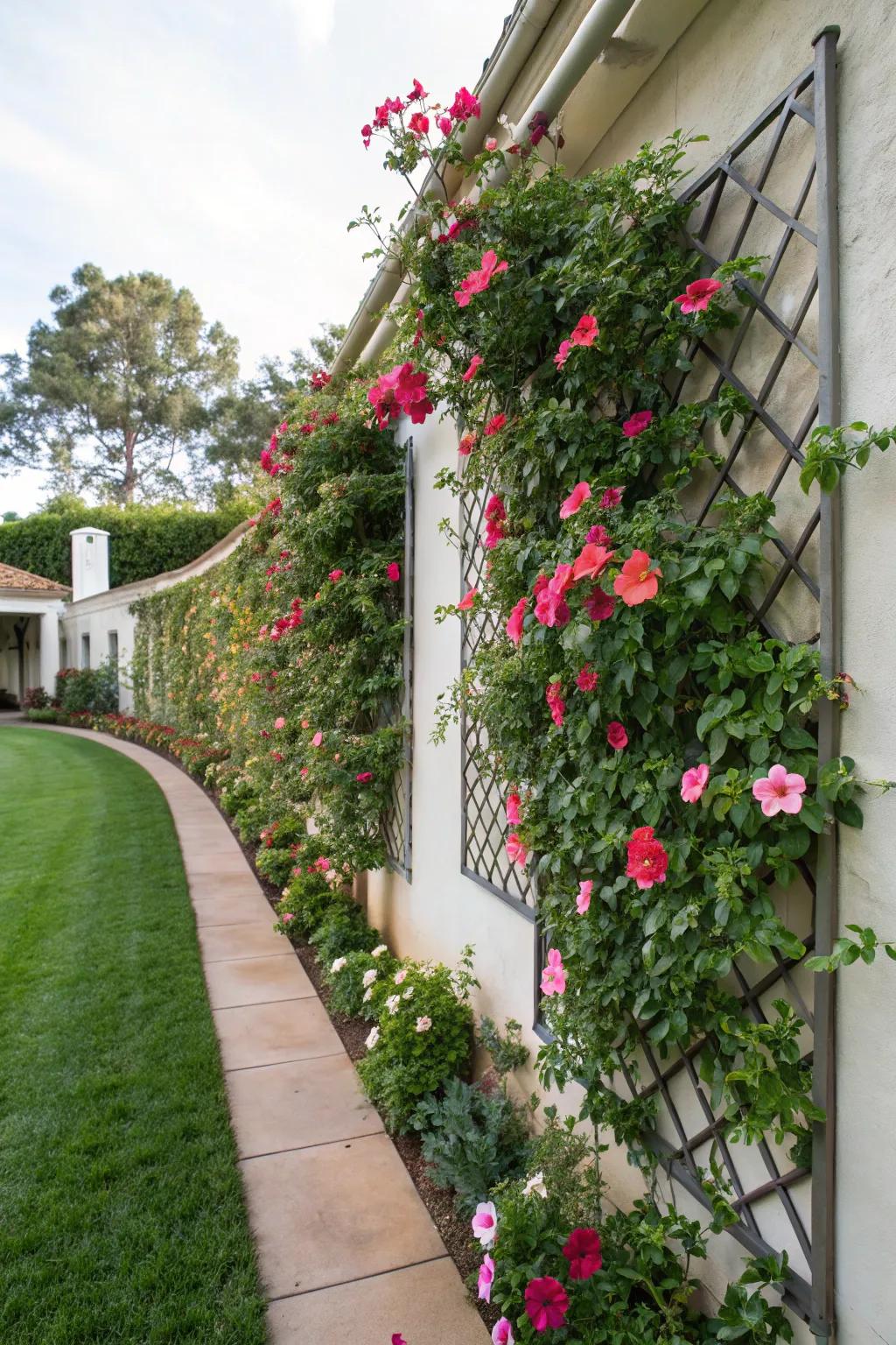 A wall-mounted trellis with mandevilla transforms a plain wall into a vibrant feature.