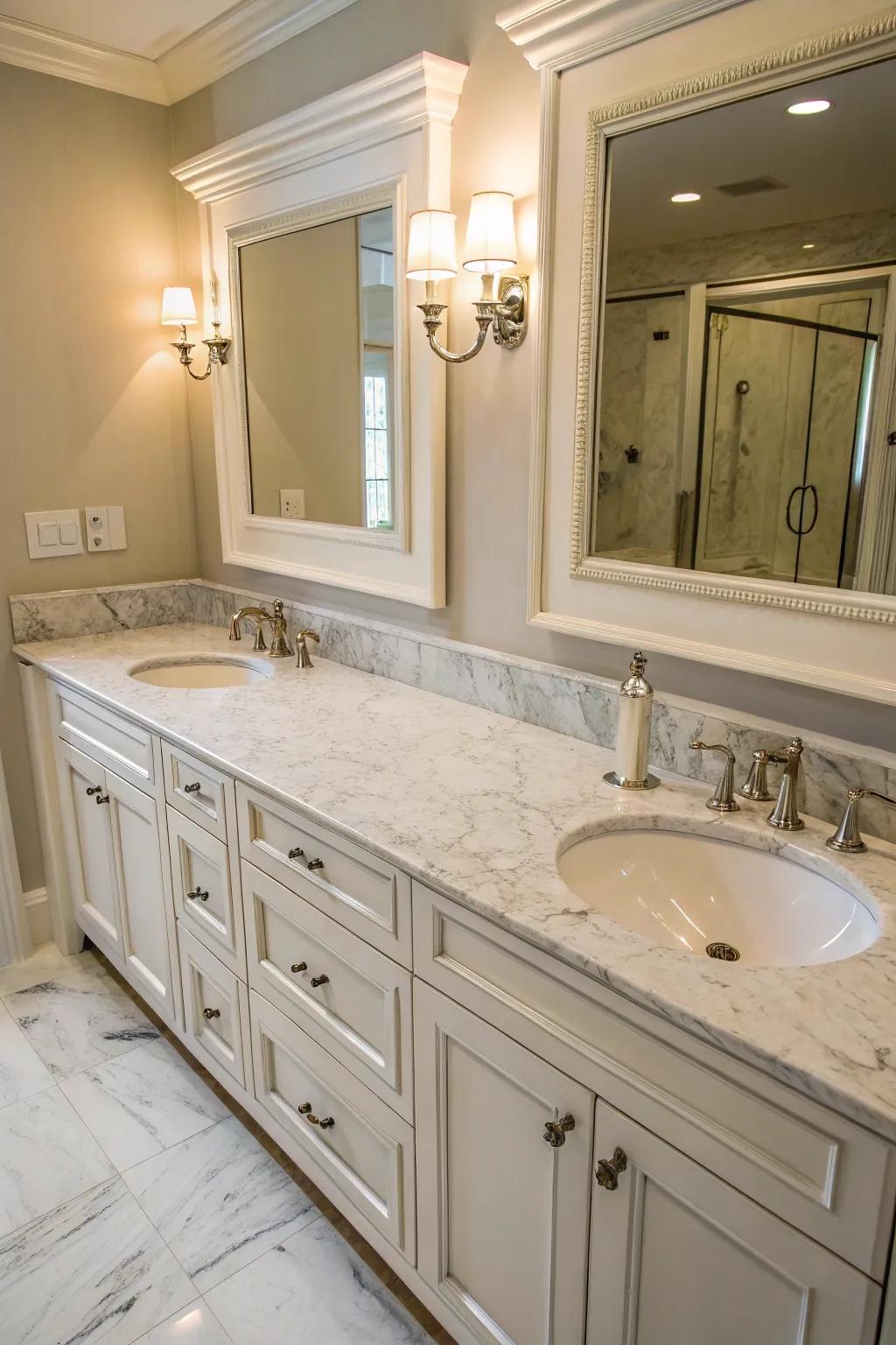 Double vanity sinks provide functionality and style with a marble countertop.