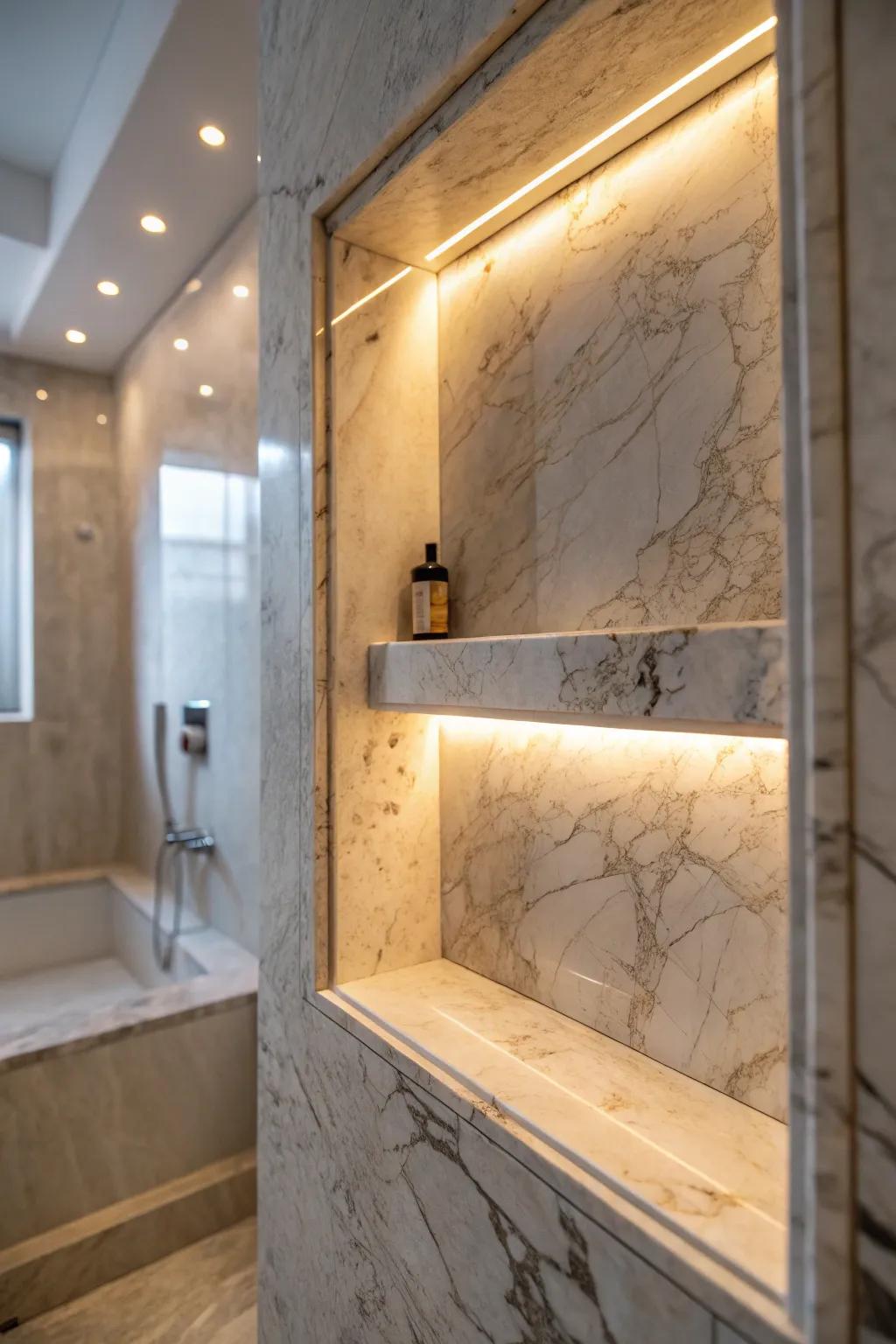 LED lighting transforms a marble niche into an elegant feature.