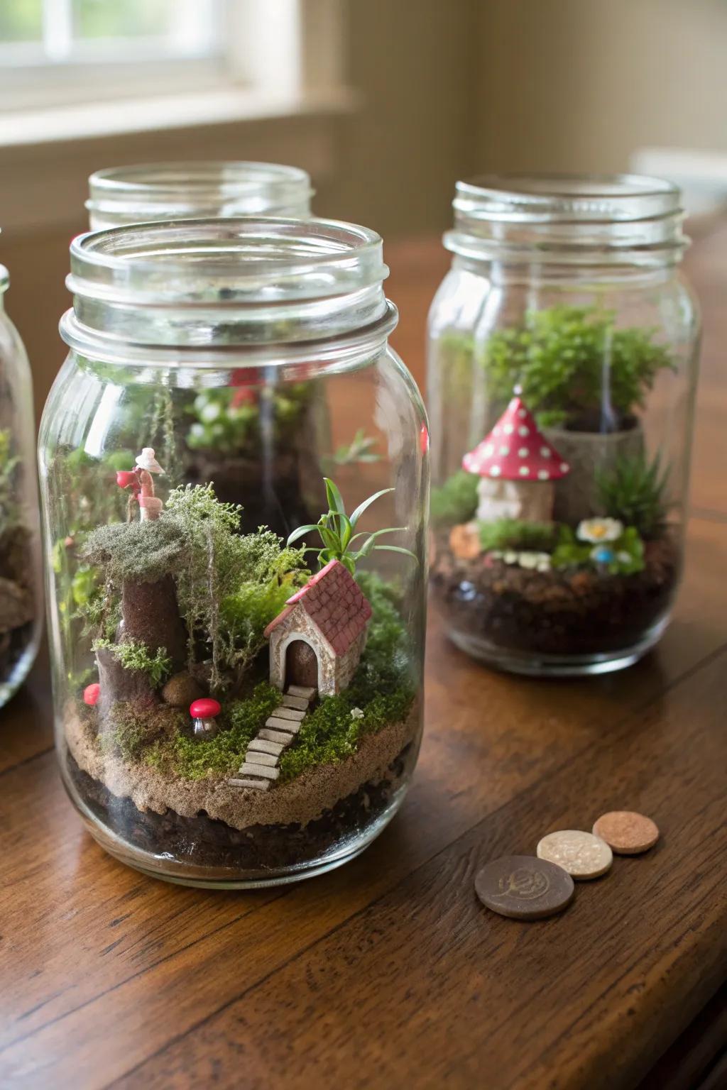 Craft enchanting mini worlds with fairy gardens in mason jars.