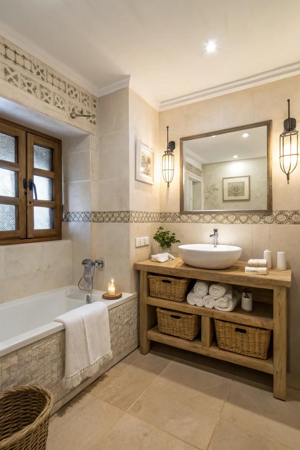 Serene bathroom with a neutral color palette and minimalist decor.