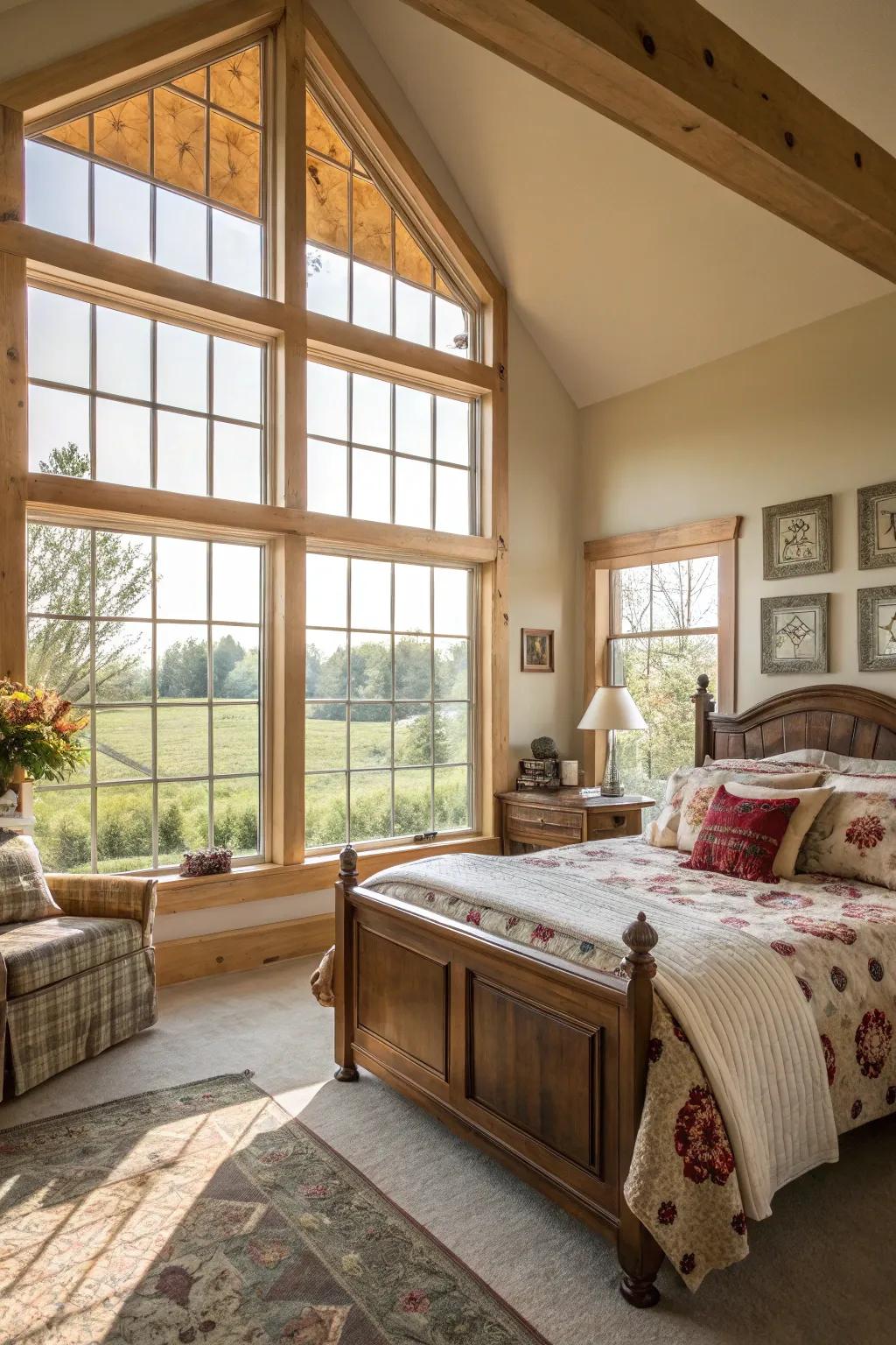 Bright and airy farmhouse bedroom with natural light