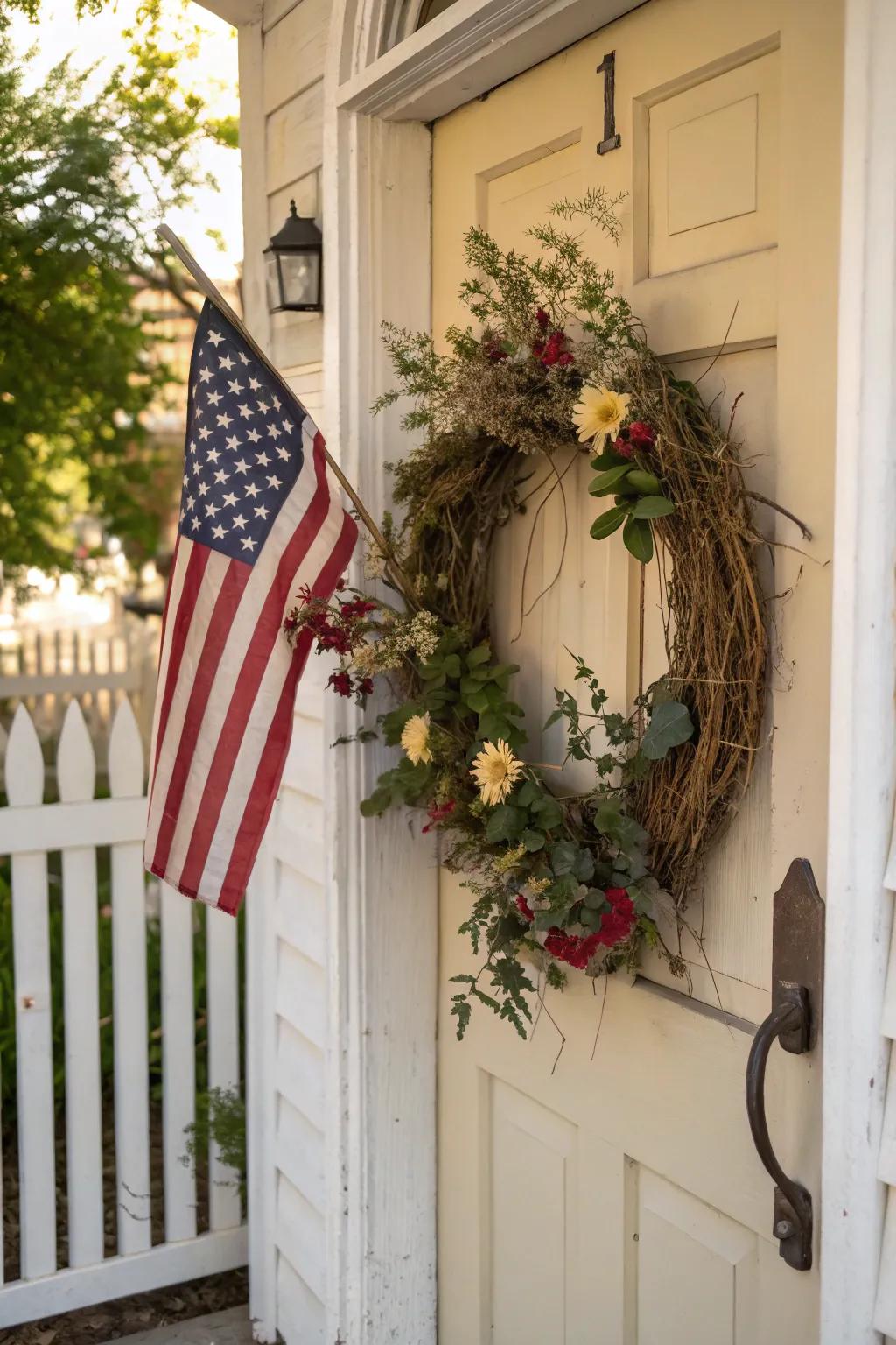 A vintage-inspired wreath featuring an old American flag.