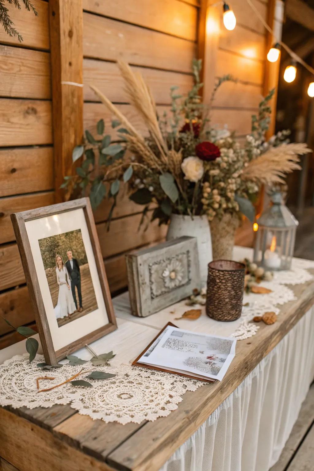 A rustic wooden backdrop adds warmth and charm to a memory table.