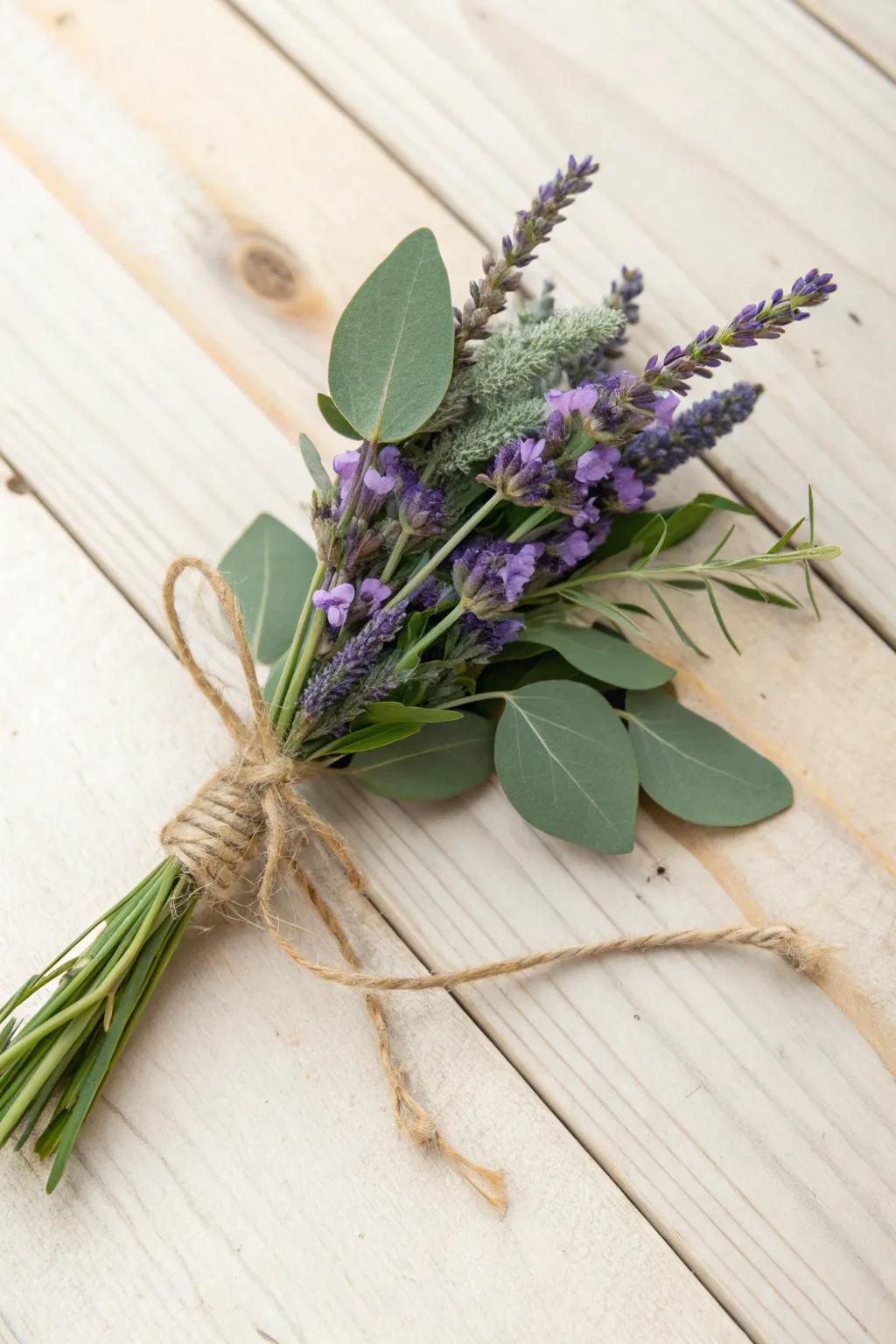Lavender and eucalyptus create a fresh and fragrant boutonniere.