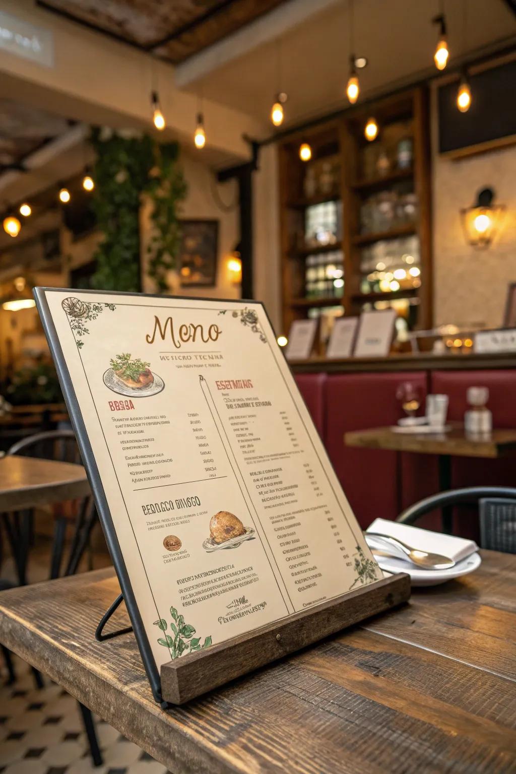 Theme integration ties the menu with the restaurant's identity.