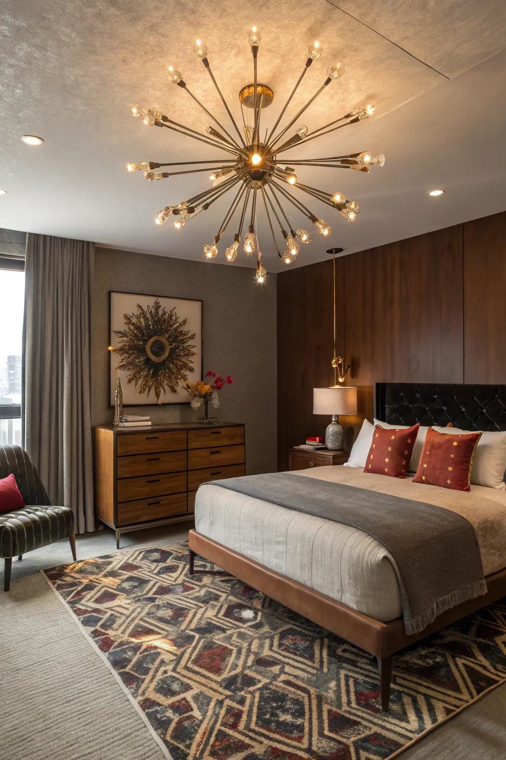 A captivating sputnik chandelier illuminates this mid-century modern bedroom.