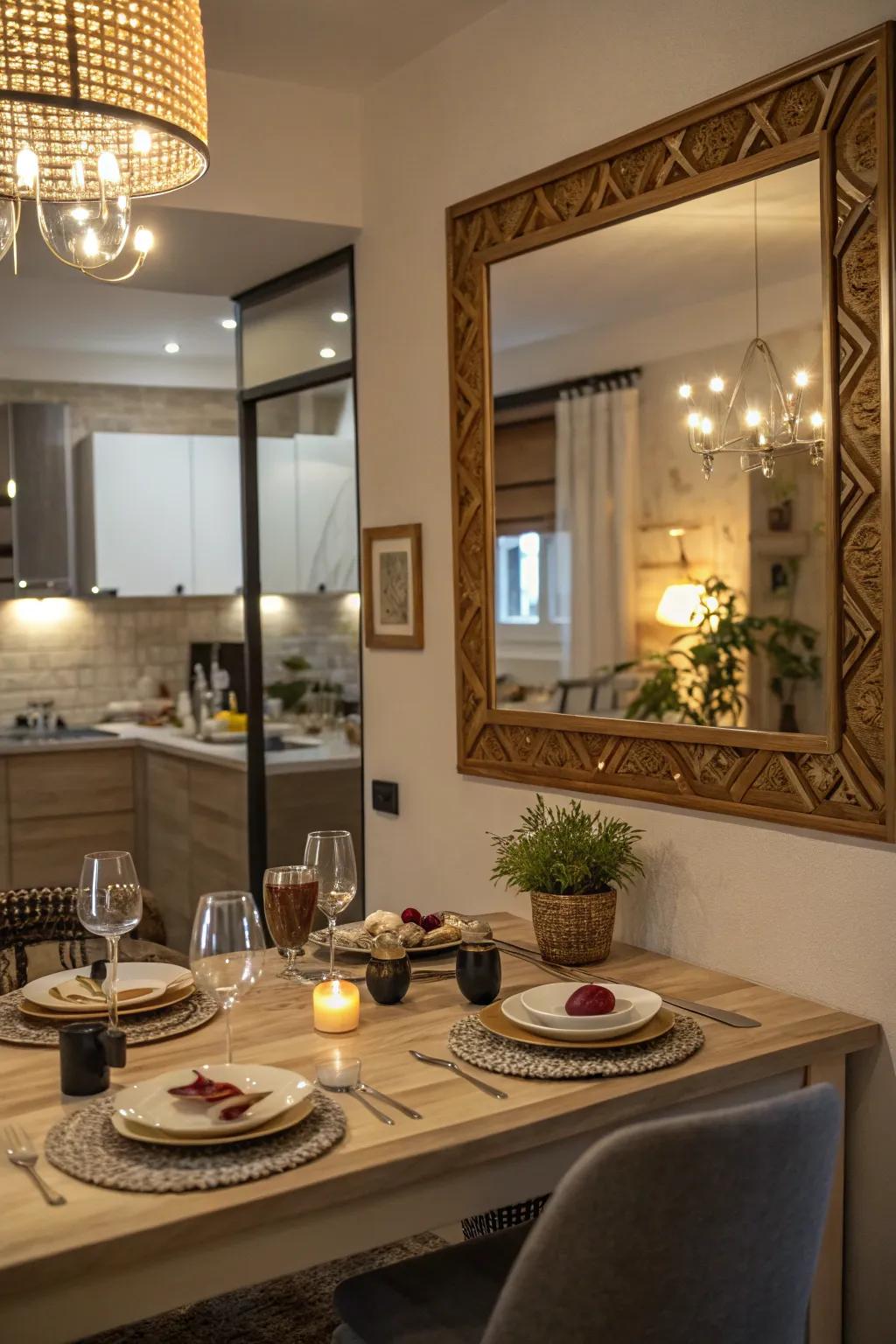 A dining area mirror that reflects light and adds warmth to family meals.