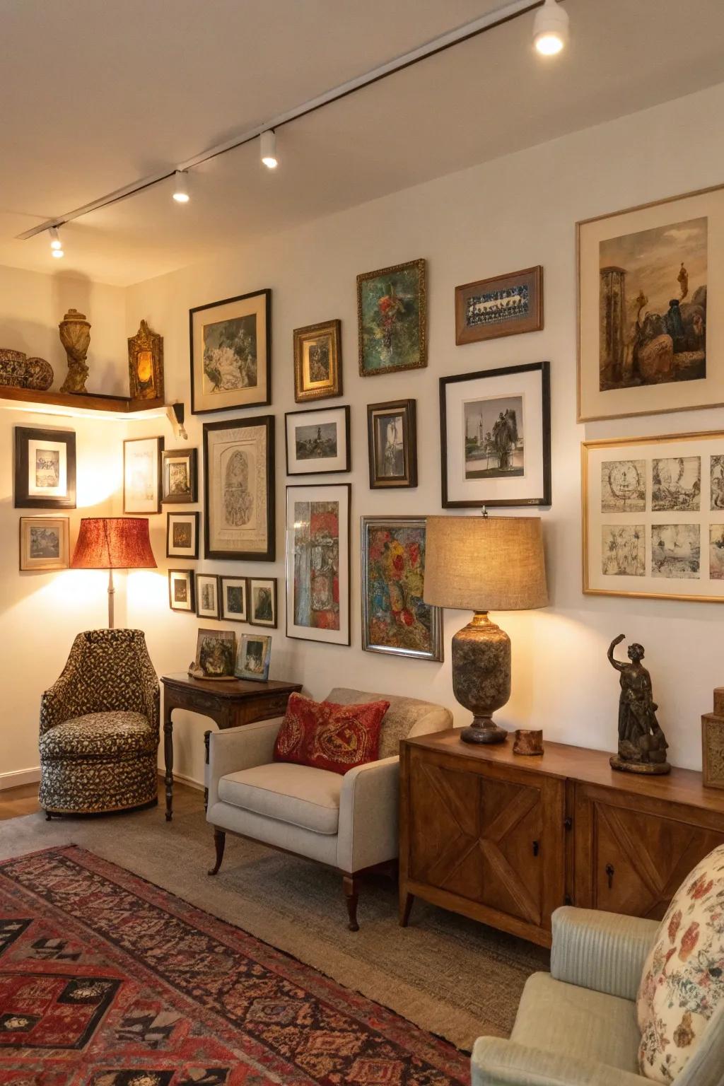 Eclectic arrangements bring a creative flair to the gallery wall.