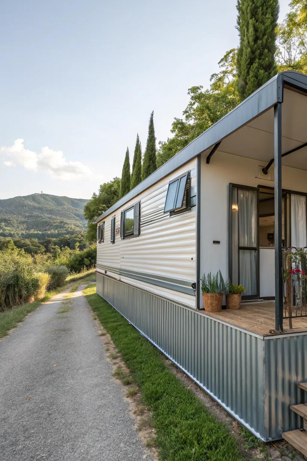 Metal skirting gives a mobile home a sleek, industrial look.