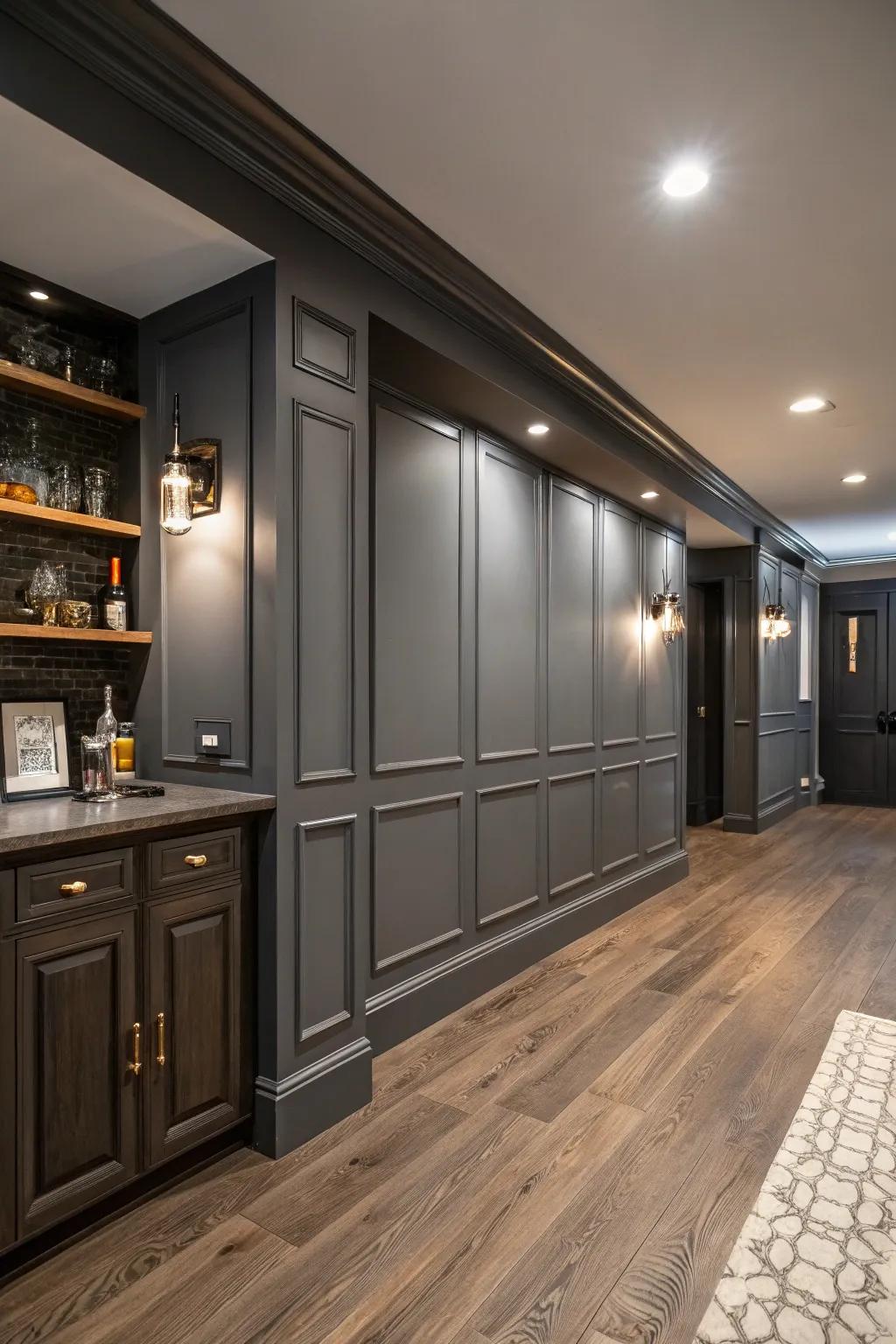 Moody charcoal creates a sleek and sophisticated basement space.