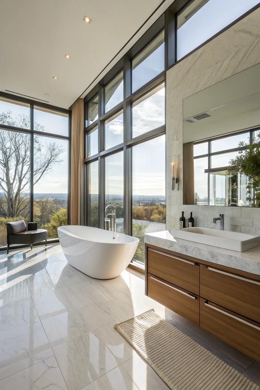 Natural light flows into the bathroom through large windows.