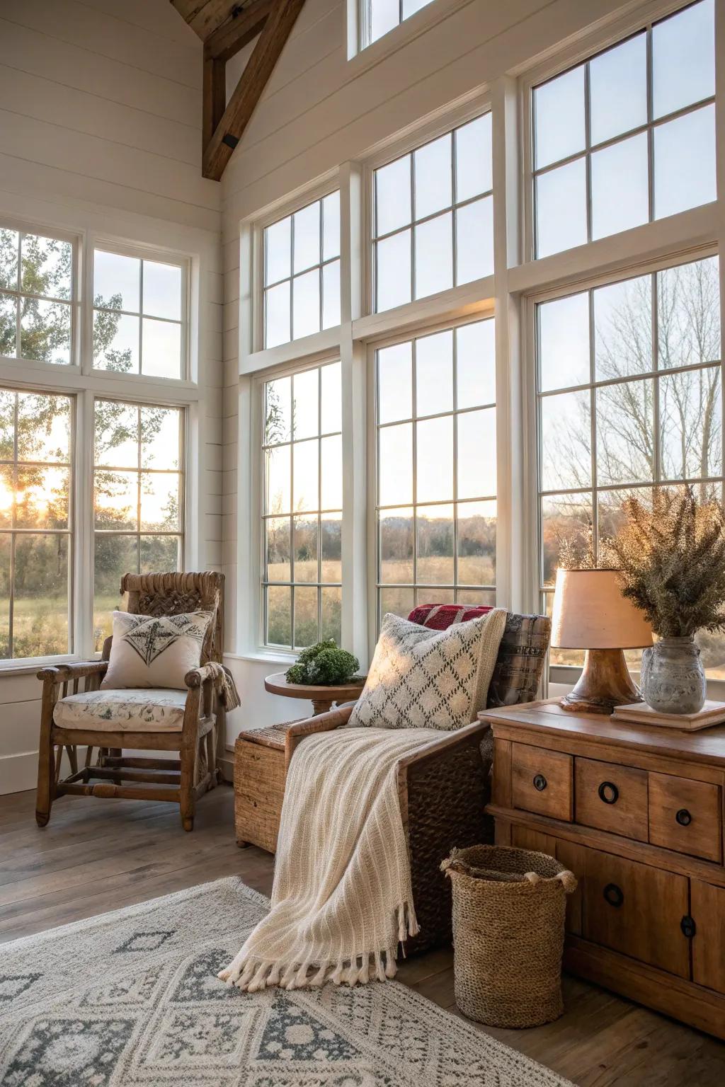 Natural light streams into this modern farmhouse space, creating an inviting atmosphere.