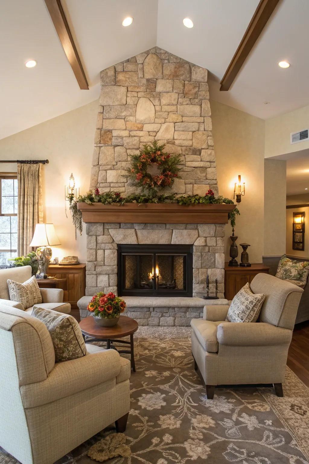 A central fireplace enhances the cozy ambiance of the farmhouse living room.