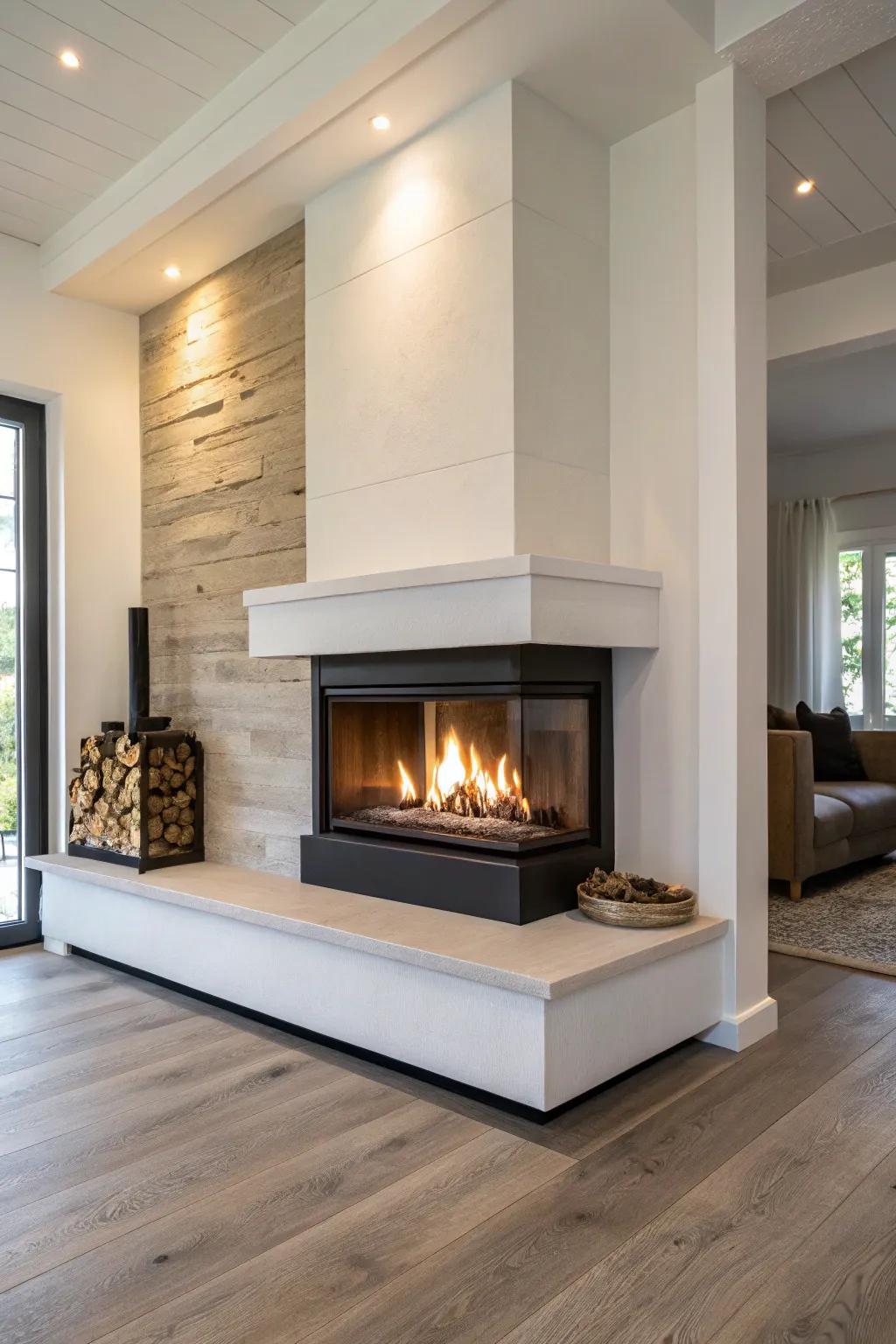 A fireplace with a floating hearth that adds a modern touch to the room.